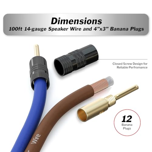 100ft 14 Gauge Speaker Wire with 12 Banana Plugs - Copper Clad Aluminum Cable for Clear Audio Sound - Easy-Install Car Speaker Wire and Home Theater Setup with Blue Black Jacket - size: 14 Gauge (CCA) - 100 Ft