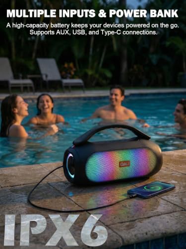 Portable Bluetooth Speaker, 125W Peak, Loud Sound, IPX6 Waterproof | Bluetooth 5.3, 3 EQ Modes, TWS, Power Bank, speakers bluetooth wireless with Lights for Home, Beach, Camping & Tailgating