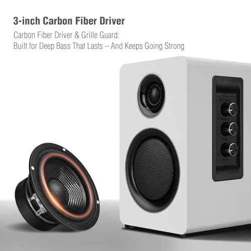 Computer Speakers, Bluetooth 5.3, USB-C, AUX/RCA, 3-Inch Woofer, White | A 3-inch carbon fiber woofer and 1-inch silk dome tweeter in wood cabinets. For PCs, turntables, TVs, gaming and music. - color: White