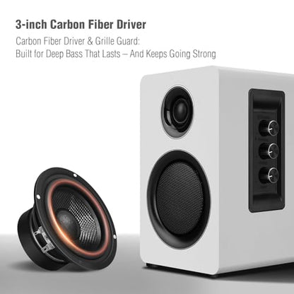 Computer Speakers, Bluetooth 5.3, USB-C, AUX/RCA, 3-Inch Woofer, White | A 3-inch carbon fiber woofer and 1-inch silk dome tweeter in wood cabinets. For PCs, turntables, TVs, gaming and music. - color: White