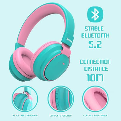 Mokata Kids Headphones Bluetooth 5.3 Wireless Lightweight Fast Charging 68 Hours Play Time Volume Limited 85/94dB Over Ear Foldable with Built-in Mic for Toddler Boy Girl Tablet Pad Cyan - color: Cyan