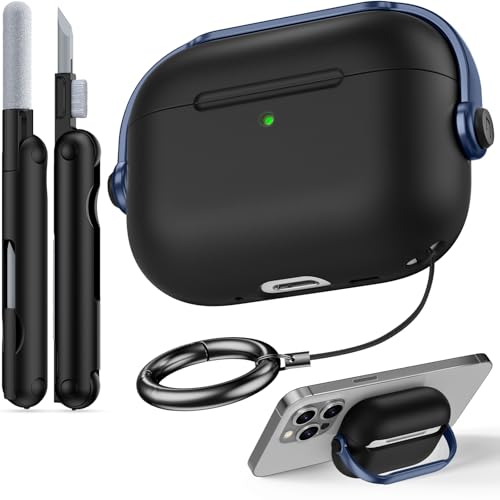Case for Apple Airpods Pro 3 (Black+Blue) | with Safety Lock, Phone Holder Function, TPU Material, with Portable Hook, Multifunctional Cleaning Tool - color: B-Black+Blue, size: Airpods Pro 3 (2025)