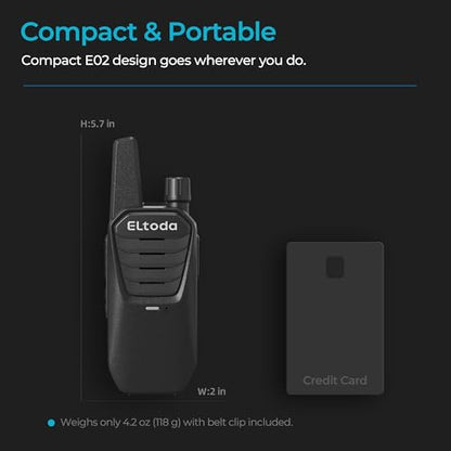 E02 Portable Walkie Talkies Long Range Rechargeable Two Way Radio | FRS, 16 Channels, USB-C Charging, 1020mAh, IP55, Vox, Keylock, Lightweight, Compact, Adults, Woring, Hiking, Camping