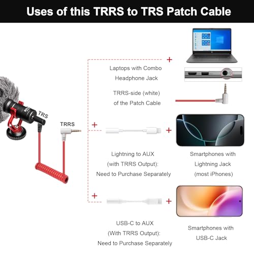 3.5mm TRS to TRRS Microphone Cable, Coiled Spring Aux Cord with Gold-Plated Connectors, 2FT Extended for Noise-Free Recording, Compatible with Rode SC7, BOYA, Smartphone, iPhone, Camera, DSLR