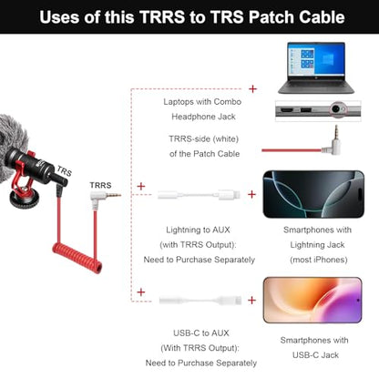 3.5mm TRS to TRRS Microphone Cable, Coiled Spring Aux Cord with Gold-Plated Connectors, 2FT Extended for Noise-Free Recording, Compatible with Rode SC7, BOYA, Smartphone, iPhone, Camera, DSLR