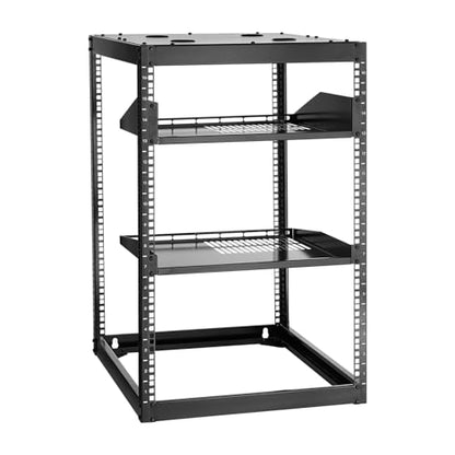 VEVOR 16U Open Frame Server Rack & Network Rack, Wall Mounted or Floor Standing, Heavy Duty 4 Post, with 2PCS Vented 1U Shelves & Mounting Hardware, Holds All 19'' Networking IT Equipment AV Gear - size: 16U Server Rack