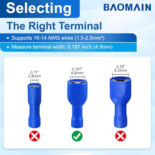 BAOMAIN 0.187" Fully Insulated Female Spade Terminals 16-14 AWG 100-Pack | Blue Fully Insulated Tin-Plated Crimp Connectors for 16-14 AWG Electrical Wiring. Fits 0.187" 4.8mm Male Spade Terminals - size: Fully Insulated Female