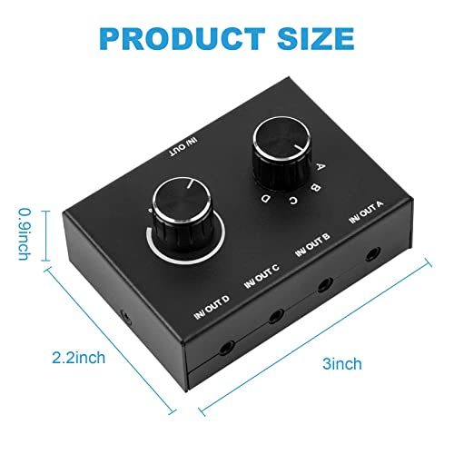 4 Way 3.5mm Stereo Audio Switch, AUX 3.5mm Audio Switch Audio Switcher Passive Speaker Headphone Manual Selector Splitter Box Audio Sharing (4/1 in -1/4 Out)