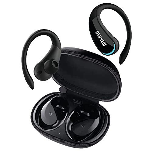 Maxell True Wireless Earbuds with Earhooks, 15hr Battery, Bluetooth 5.0 | Flexible earhook design stays secure during workouts - noise isolating, heavy bass, LED battery indicator case