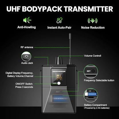 4 Channel UHF Wireless Mic Set with Handheld/Bodypack/Headset/Lapel Mics with Bluetooth Receiver Box + Volume Control Echo for Karaoke PA DJ Party (Wireless Microphone System)