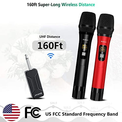 Bietrun Wireless Microphone Dynamic Mic System with Rechargeable Receiver, 1/4" Output, for Karaoke, Church, Speech, Wedding, Party Singing(160 ft Range)-Auto Connect - color: Black Red