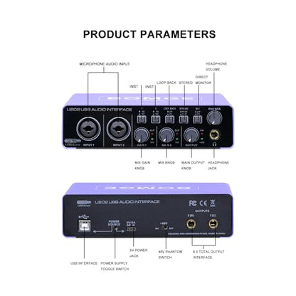 USB Audio Interface SOLO with XLR/48V Phantom Power,32Bit/192kHz High-Fidelity, for Studio Audio Mixer Interface for Guitarist, Vocalist, Podcaster, Producer, Plug and Play (U202P)