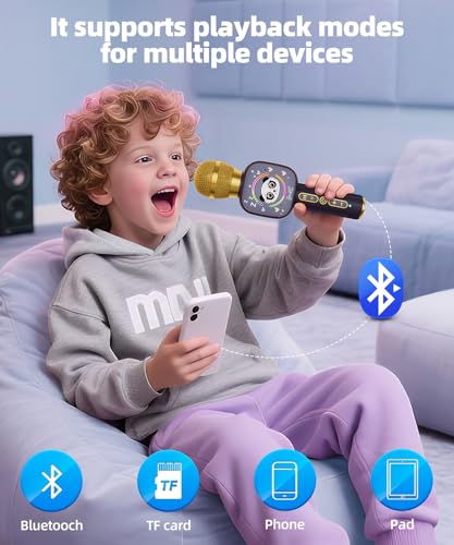 Kids Karaoke Microphone Mini, Bluetooth Voice Changer Toy Ages 3-12, black | LED Party Lights, Rechargeable Portable, Long Playtime, Duets, BT 5.3, Christmas Birthday Gifts for Toddler Boys & Girls - color: black - 1