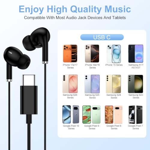 USB C Wired Earbuds Type C Headphone Headset Earphone USBC Earbuds with Mic | USB C Ear Buds for iPhone 17 Pro Max 17 Air 17E 16E 16 Plus 15 Pro,Samsung Galaxy S26 Ultra S26+ S25 S24,A17 A27 A37 Z Flip 7