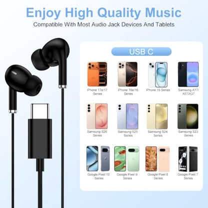 USB C Wired Earbuds Type C Headphone Headset Earphone USBC Earbuds with Mic | USB C Ear Buds for iPhone 17 Pro Max 17 Air 17E 16E 16 Plus 15 Pro,Samsung Galaxy S26 Ultra S26+ S25 S24,A17 A27 A37 Z Flip 7