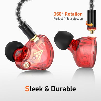Audiovance Vibes 202ML HiFi 유선 이어버드, 아이폰 14/13/12/11/X, 프로 맥스용 | 마이크가 있는 인이어 헤드폰, 선명한 사운드, 딥 베이스, 소음 차단 이어버드, 실버 도금 코드, 편안한 핏, 케이스 - color: 3-레드