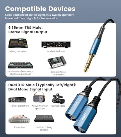 Tisino 1/4" TRS to Dual XLR Male Stereo Y-Splitter Breakout Cable, 6.6FT - size: 2m/6.6feet, style: 1/4" TRS to 2 XLR Male