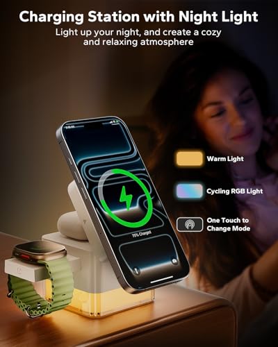 3 in 1 MagSafe-Compatible Charging Station for Apple, Nightstand Fast Wireless Charger, Foldable Cube, Charging Stand with Night Light, for iPhone 17/16/15/14/13/12, Apple Watch/AirPods, White - color: White