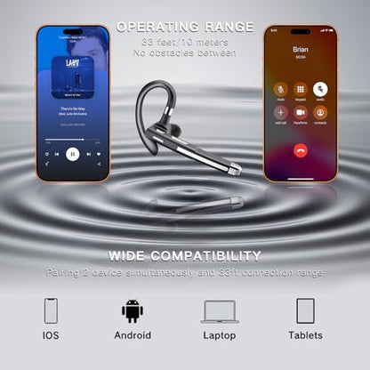 Bluetooth Headset Noise Canceling,Wireless Earpiece with Mic for Work | Bluetooth 6.1,100H Playtime,500mAh Charging Case,Hand-Free Calling with Mute Button for Business,Trucker,Office,Driving