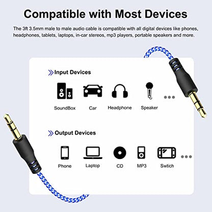AUX Cord for Car, 7 Pack 3.5mm Auxiliary Audio Cable, Stereo AUX Cable with Flexible Nylon Braided Cords for Car iPad iPhone Samsung Galaxy Google Pixel Tablet PC Headphone Speaker Mic