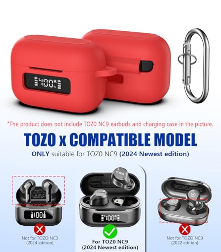 for TOZ0 NC9(2024) Case Cover, Silicone Protective Battery Display Visible Design Cover ONLY for TOZO NC9 Hybrid Active Noise Cancelling Wireless Earbuds 2024 Version with Carabiner-Red - color: Red