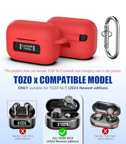 for TOZ0 NC9(2024) Case Cover, Silicone Protective Battery Display Visible Design Cover ONLY for TOZO NC9 Hybrid Active Noise Cancelling Wireless Earbuds 2024 Version with Carabiner-Red - color: Red