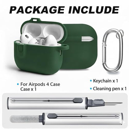 for AirPods 4 Case Cover with Cleaner Kit, Soft Silicone Cover for AirPods 4 Comes with Magnetic Lid Lock & Keychain-Solid for Women/Men,Pine Green - color: C1-Magnetic Pine Green