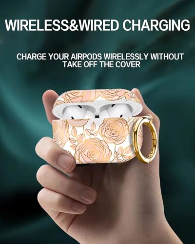 Cute Hard Case Compatible with AirPods Pro 2nd/1st Generation, Protective Cover with Golden Keychain, Fits 2023/2022/2019 Models, for Women, Girls, and Men(Gold Flower - color: Gold Flower