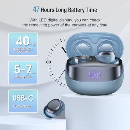 Sleep Earbuds Bluetooth 5.4 in Ear Light-Weight Headphones, Mini Sleep Headphones Small Design for Side Sleepers, 47H Playtime with Charging Case, Clear Calls Earphones, Haze Blue