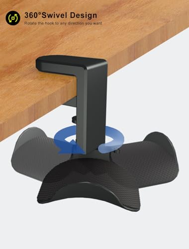 Headphone Holder Hanger Upgraded with Rotating & Adjustable Clamp for Controller & Headphones, Headset Stand Under Desk Hook Mount Built in Cable Clip