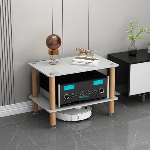 Audio Component Rack, Stereo Rack with 8mm Tempered Glass Shelves, Solid Wood Columns & Anti-Vibration Metal Feet for Power Amplifier, Stereo Receiver, Turntable & AV Equipment(White,2 Tier) - color: White, size: 2 Tier