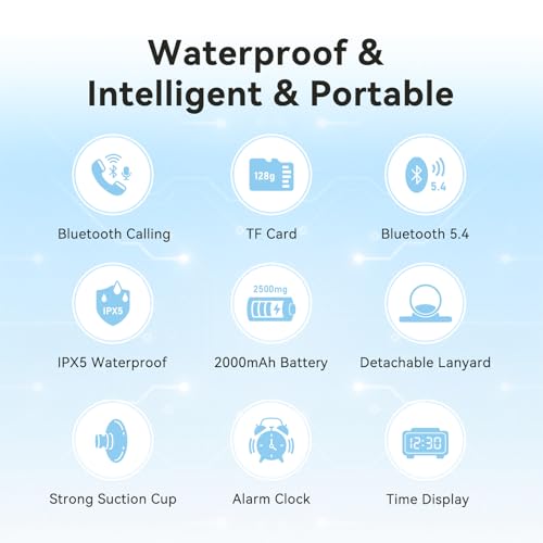 AGPTEK Bluetooth 5.4 Shower Radio Speaker, Waterproof Bathroom FM Radio | 12H Long Playback Time, Suction Cup & Lanyard, LCD Screen Display, Handsfree Calling, Storage Card Playback (Black)