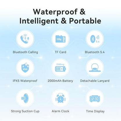 AGPTEK Bluetooth 5.4 Shower Radio Speaker, Waterproof Bathroom FM Radio | 12H Long Playback Time, Suction Cup & Lanyard, LCD Screen Display, Handsfree Calling, Storage Card Playback (Black)