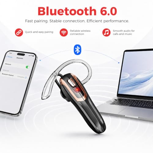 Bluetooth Earpiece Headset V6.0 with Noise Cancelling & 38 Hours Talk Time – Trucker Handsfree Earpiece, Dual Device Pairing, Single Ear Wireless Headphone for Cell Phone (Black with gold frame)