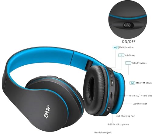 ZIHNIC Bluetooth Headphones Over-Ear, Black/Blue | Foldable Wireless and Wired Stereo Headset Micro SD/TF - color: Blue