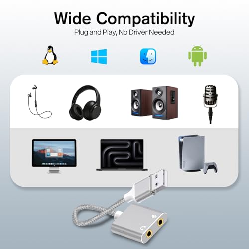 USB to 3.5mm Audio Adapter, External Sound Card with Headphone, Microphone Jack for Windows, Mac, Linux, PS4, PS5(Silvery) - color: Silvery