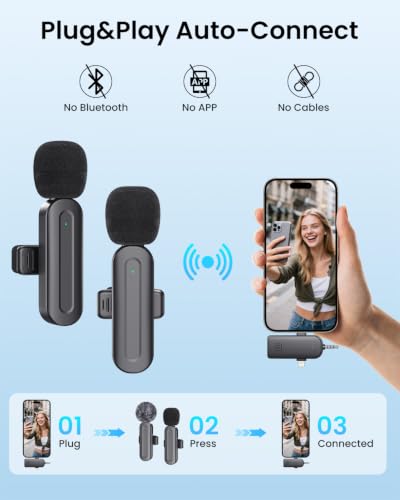 3 In 1 Mini Wireless Lavalier Microphone for Iphone: Bluetooth Lapel Mic For iPad Android Phone Camera Pc - Small Clip Microphones Crystal Clear Sound Quality for Recording Vlogging Live Streaming