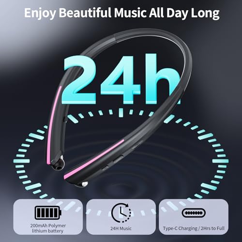 Neckband Retractable Bluetooth Headphones, Wireless Headset with 22H Playtime, Sweat-Resistant Sports, Dual Device Connect, Noise Cancelling Earphones with Mic (Pink) - color: PINK