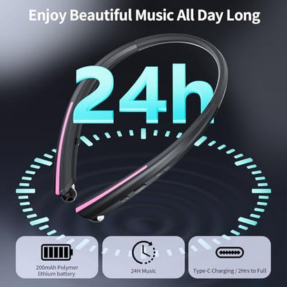 Neckband Retractable Bluetooth Headphones, Wireless Headset with 22H Playtime, Sweat-Resistant Sports, Dual Device Connect, Noise Cancelling Earphones with Mic (Pink) - color: PINK