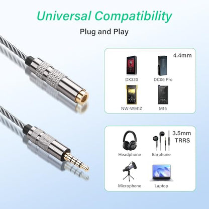 SinLoon 4.4mm Female to 3.5mm TRRS Male Audio Adapter Cable, Gold Plated OFC Braided Converter, Support Microphone for HiFi DAP & Calls (Cool Grey)