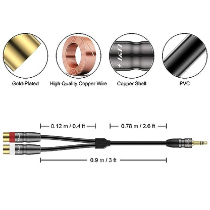 J&D 3.5 mm to Dual RCA Audio Cable, Heavy Duty 3.5mm Male to 2 RCA Female Gold Plated Copper Shell Stereo Audio Adapter Cable, 3 Feet - size: 3 Feet