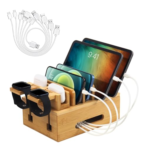 Bamboo Charging Station for Multiple Devices, Desktop Organizer Docking Station, Natural Bamboo Desk Storage Stand for Phone, Tablet, Earbuds, Smart Watch (Power Adapter Not Included)