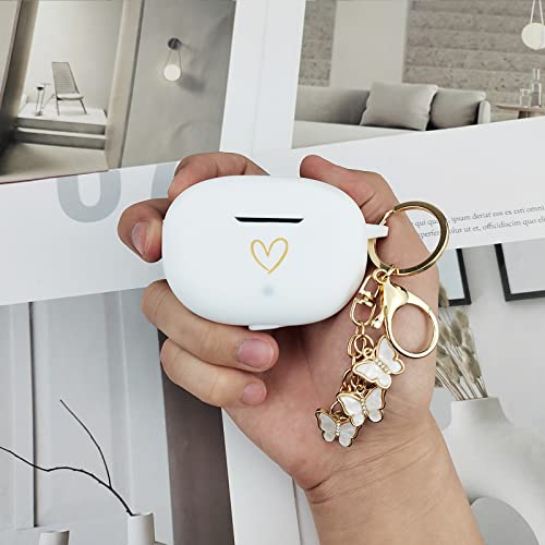 Compatible with Beats Studio Buds 2021, Soft Silicone Case with Gold Heart Pattern for Beats Studio Buds Case with Cute Butterfly Keychain for Girls Women (White) - color: White