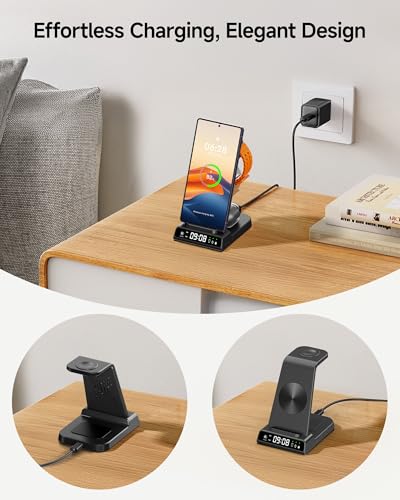 Wireless Charger for Samsung S26 Ultra, Galaxy Watch 9/Ultra 2/8/Buds4 Pro | for Samsung S26+/S25 Ultra/S25/Z Flip8/S24/S23/S22, Galaxy Watch 8/Ultra/7/6/5, Galaxy Buds4 Pro, Space-saving, LED Clock - color: Black