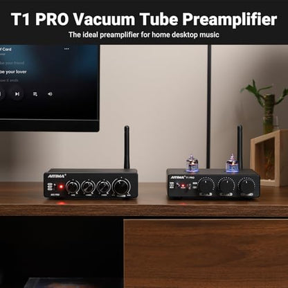 AIYIMA T1 PRO Vacuum Tube Preamplifier Bluetooth 5.1 with Treble Bass | 12V Trigger/RCA Out | Swappable Op-Amp & Tubes | Home Audio Pre-amp for 2.0/2.1 A07 MAX Stereo Amplifiers & Bookshelf Speaker