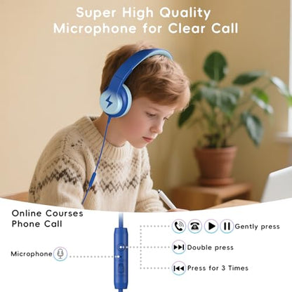 Candy Bila Wired Kids Headphones for School, Over-Ear for Boys Girls | Volume Limiter 85/94dB, HD Stereo Sound, Microphone and Wired Control,Foldable Design, Light Blue - color: Light Blue