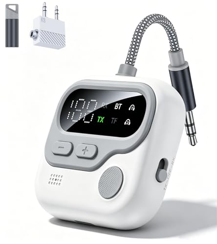 KAIY Airplane Bluetooth Transmitter for TV to Headphones | 2-in-1 Bluetooth Audio Adapter with Screen Volume Knob, Dual 3.5mm AUX Jack Adapter to Headphones or Car Stereo