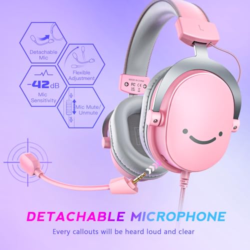 FIFINE USB Gaming Headset, PC Over-Ear Wired Streaming Headset with 3.5mm Jack, Detachable Microphone, 7.1 Surround Sound, Control Box, Passive Noise Cancellation, for PS5/Xbox/Switch-H9 Pink | Balanced Audio, 7.1 Surround Sound, Total 10ft Long Cable, De