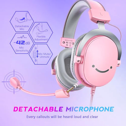 FIFINE USB Gaming Headset, PC Over-Ear Wired Streaming Headset with 3.5mm Jack, Detachable Microphone, 7.1 Surround Sound, Control Box, Passive Noise Cancellation, for PS5/Xbox/Switch-H9 Pink | Balanced Audio, 7.1 Surround Sound, Total 10ft Long Cable, De