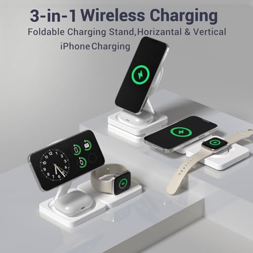 3 in 1 Wireless Charging Station for Apple Magsafe Charger Stand,Fast Magnetic Wireless Charger Station for iPhone 17 Air 16 15 14 13 12 Series,Airpods Pro,Apple Watch Ultra (White) - color: White